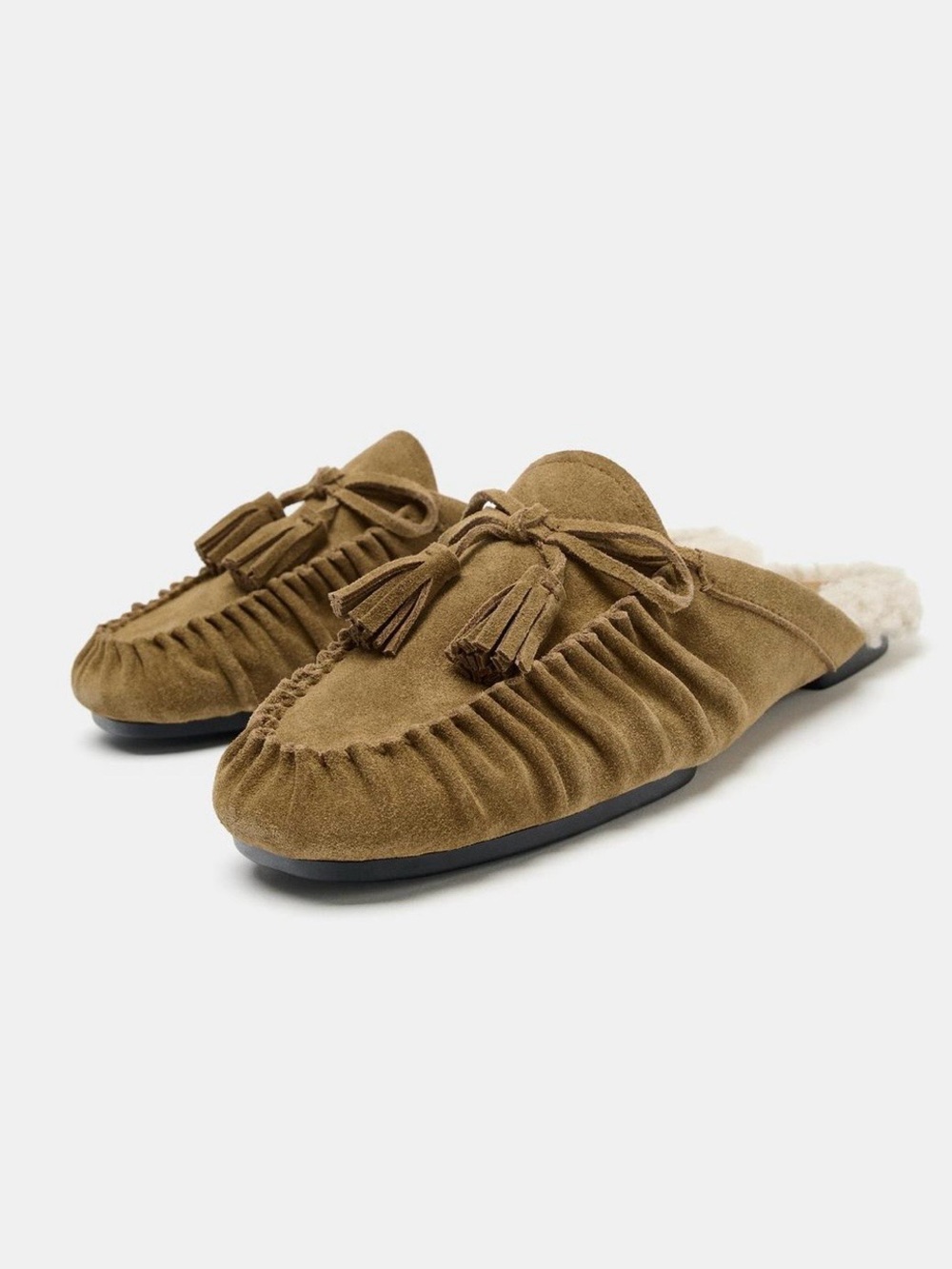 ZARA NWT Suede Faux Fur Lined Moccasin Mule Clogs